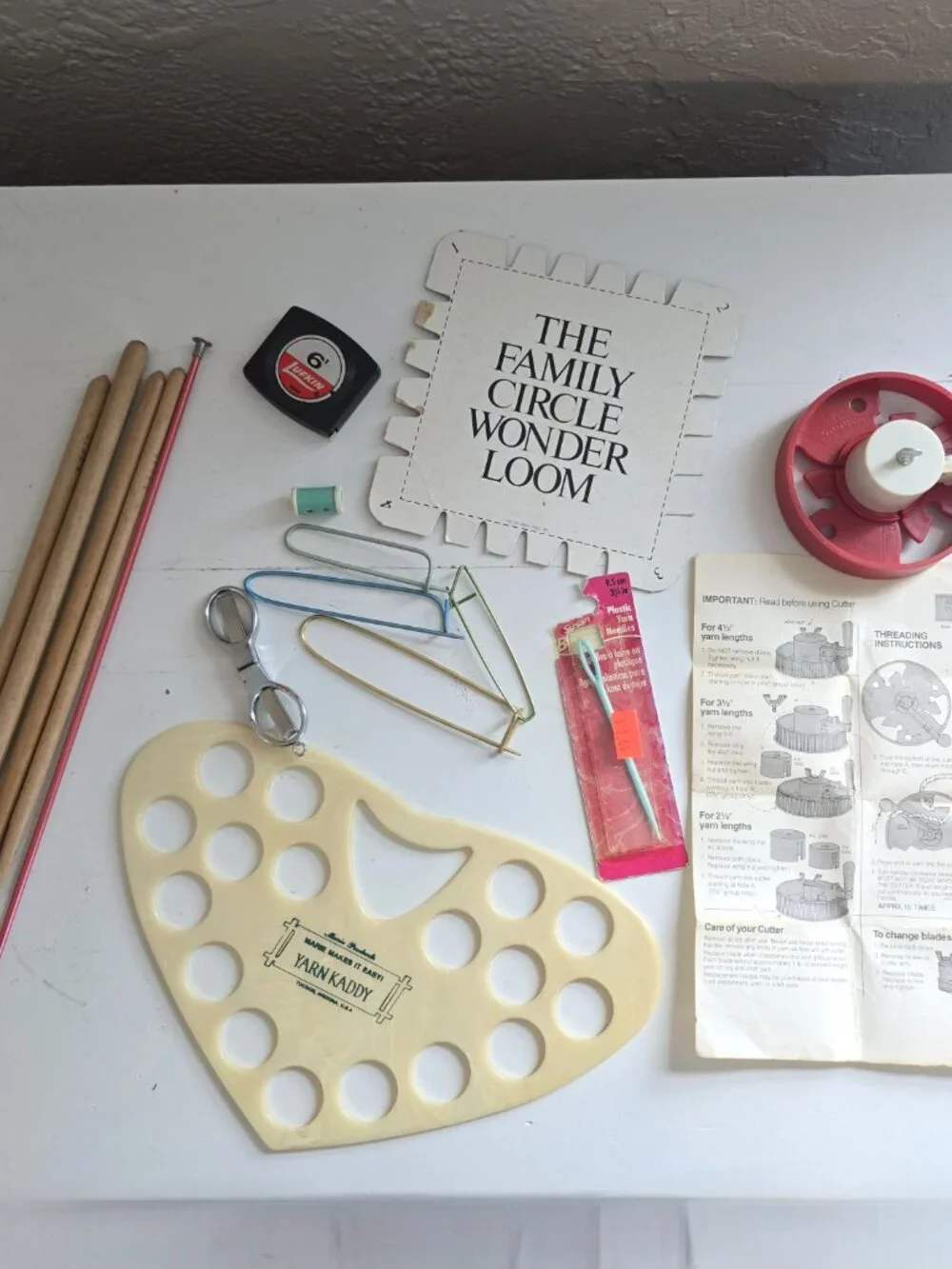 Vintage Crafting/Yarn Accessories Lot-Family Circle Loom Yarn Kaddy Hooks, Tools